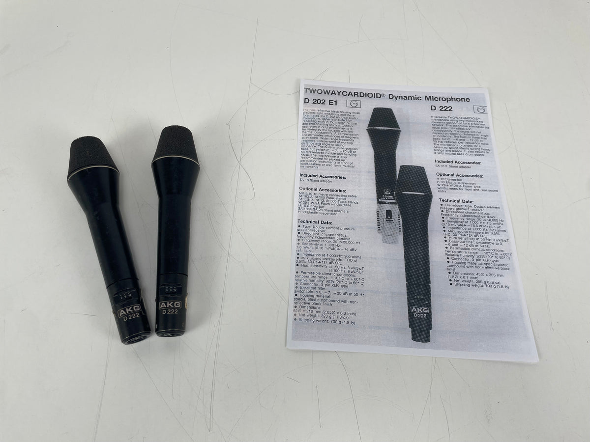 AKG - D222 - TWOWAYCARDIOID® Dynamic Microphone - Matched Pair - 1 Broken Grill - Inc. Specs/FQ-Sheet
